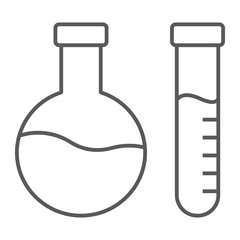 Chemical analysis thin line icon, laboratory and flask, tube test sign, vector graphics, a linear pattern on a white background.