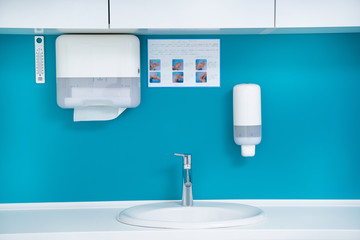 Front view of the sink in blue and white interior
