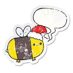 cartoon christmas bee and speech bubble distressed sticker