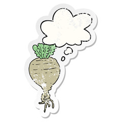 cartoon root vegetable and thought bubble as a distressed worn sticker