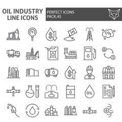 Oil industry line icon set, fuel production symbols collection, vector sketches, logo illustrations, nature resources signs linear pictograms package isolated on white background.
