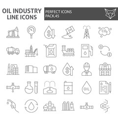 Oil industry thin line icon set, fuel production symbols collection, vector sketches, logo illustrations, nature resources signs linear pictograms package isolated on white background.