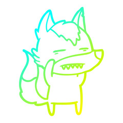 cold gradient line drawing cartoon wolf showing teeth