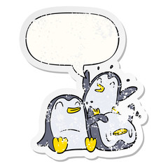 cartoon happy penguins and speech bubble distressed sticker