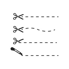 Set of scissors with cut lines. Isolated on white background. Paper cutting. Dotted tool of separation.