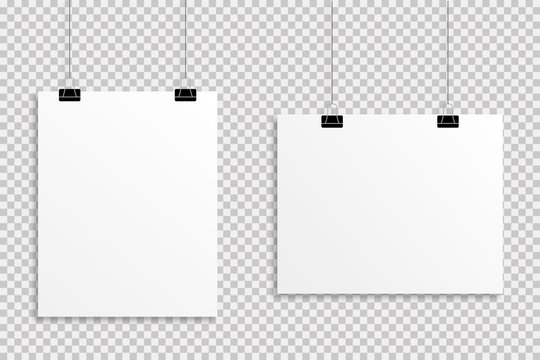 White realistic posters hanging on transparent background with shadows. Mock up empty blank paper.