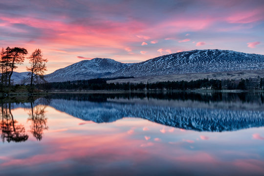 Winter sunset over The Black Mount and Loch Tulla, Argyll and Bute, Scotland