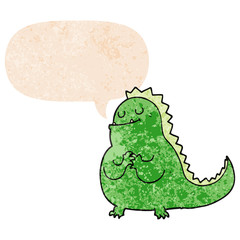 cartoon dinosaur and speech bubble in retro textured style