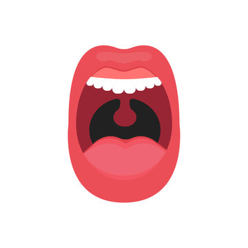 Open mouth isolated. Tongue teeth human body on white background. Dentist symbol or logotype flat design.
