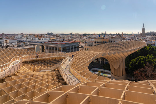 Setas de Sevilla, Metropol Parasol a huge wooden modern architecture structure with Seville historic buildings in the background, Seville, Andalucia, Spain