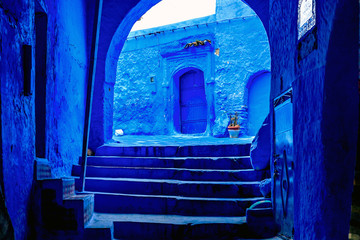 Naklejka premium Chefchaouen, a city with blue painted houses. A city with narrow, beautiful, blue streets.