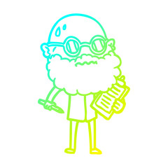 cold gradient line drawing cartoon worried man with beard and sunglasses taking survey