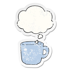 cartoon coffee cup and thought bubble as a distressed worn sticker