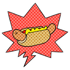 cartoon fresh tasty hot dog and speech bubble in comic book style