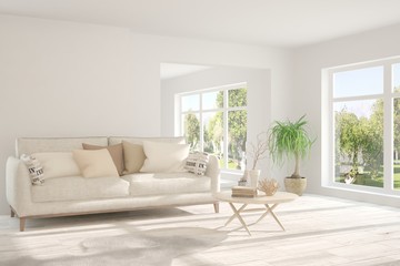 Stylish room in white color with sofa and summer landscape in window. Scandinavian interior design. 3D illustration