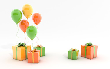 3d render illustration of realistic orange, green and yellow balloons and gift box with bow on white background. Empty space for party, promotion social media banners, posters. © Meranna