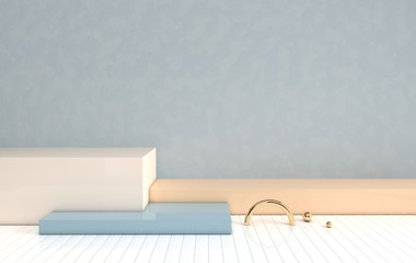 3d rendered interior with geometric shapes, podium on the floor. Set of platforms for product presentation, mock up background. Abstract composition in modern minimal design
