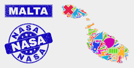 Mosaic tools Malta map and NASA seal. Malta map collage designed with random colored tools, palms, production symbols. Blue rounded NASA seal stamp with dirty texture.