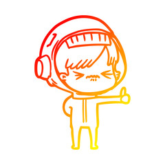 warm gradient line drawing annoyed cartoon space girl giving thumbs up sign