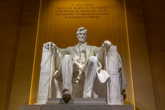 View of Lincoln statue in the Lincoln Memorial at night, Washington D.C.