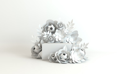 Paper flowers frame, podium platform for product presentation. Summer or spring background. Paper cut 3d render mock up