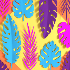Tropical paper palm leaves. Summer tropical colorful leaf. Origami exotic hawaiian jungle foliage, summertime background. Paper cut. Minimal style. 3d render