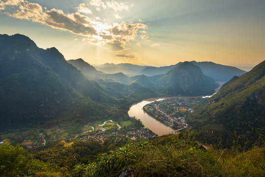 Sunset over Nam Ou River from Pha Daeng Peak Viewpoint, Nong Khiaw, Luang Prabang Province, Northern Laos, Laos
