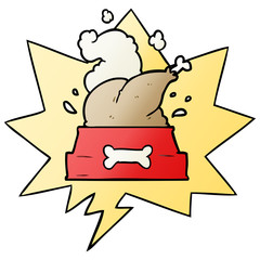 cartoon whole cooked turkey crammed into a dog bowl for a happy christmas pup and speech bubble in smooth gradient style