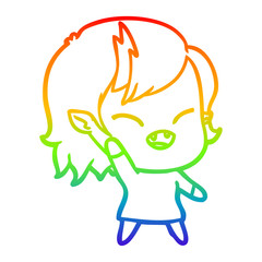 rainbow gradient line drawing cartoon laughing vampire girl waving