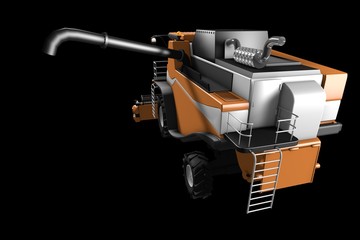 industrial 3D illustration of large rendered orange farm agricultural combine harvester with harvest pipe detached top rear view isolated on black