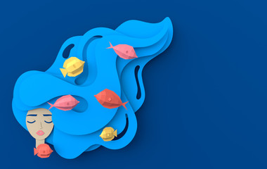 3d render portrait of young beautiful woman mermaid with long wavy hair. Paper underwater sea life with fishes, waves. Paper cut style. Deep blue marine life, diving concept. Ocean wildlife