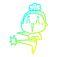 cold gradient line drawing cartoon happy old lady