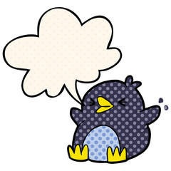cartoon penguin and speech bubble in comic book style
