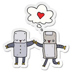 cartoon robots in love and thought bubble as a printed sticker