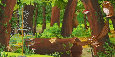 Obraz premium cartoon summer scene with deep forest and bird owl and tailor cloth hanger - nobody on scene - illustration for children