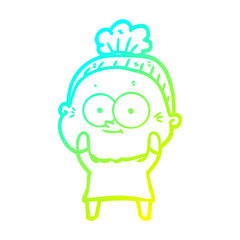 cold gradient line drawing cartoon happy old woman