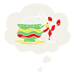 cartoon christmas cocoa and thought bubble in retro style