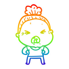 rainbow gradient line drawing cartoon angry old woman