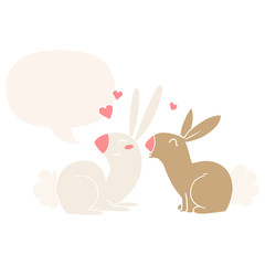 cartoon rabbits in love and speech bubble in retro style