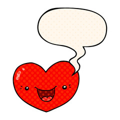 cartoon love heart character and speech bubble in comic book style