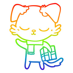 rainbow gradient line drawing cute cartoon dog with christmas present