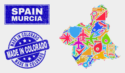 Mosaic technology Murcia Province map and Made in Colorado watermark. Murcia Province map collage constructed with randomized colorful equipment, palms, service items.