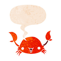 cartoon crab and speech bubble in retro textured style