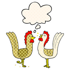 cartoon chickens and thought bubble in comic book style