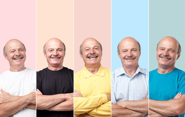 Horizontal collage portrait of senior man in different clothes laughing and looking with smile at...