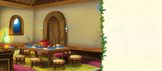 cartoon scene with old traditional kitchen - with frame and space for text - illustration for children