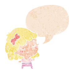 cartoon happy girl and speech bubble in retro textured style