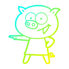 cold gradient line drawing cheerful pig in dress pointing cartoon