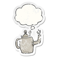 cartoon old kettle and thought bubble as a distressed worn sticker