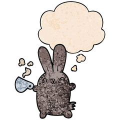 cute cartoon rabbit with coffee cup and thought bubble in grunge texture pattern style